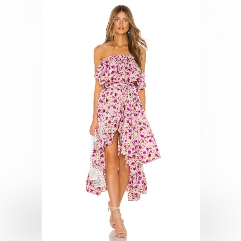 MISA Los Angeles Sabella Strapless Cascading Ruffle Dress Floral Tie Waist